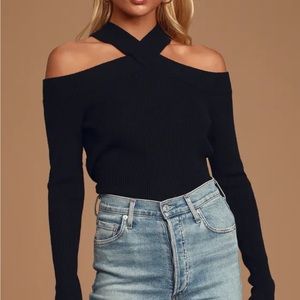 Black Ribbed Cold-Shoulder Sweater Top